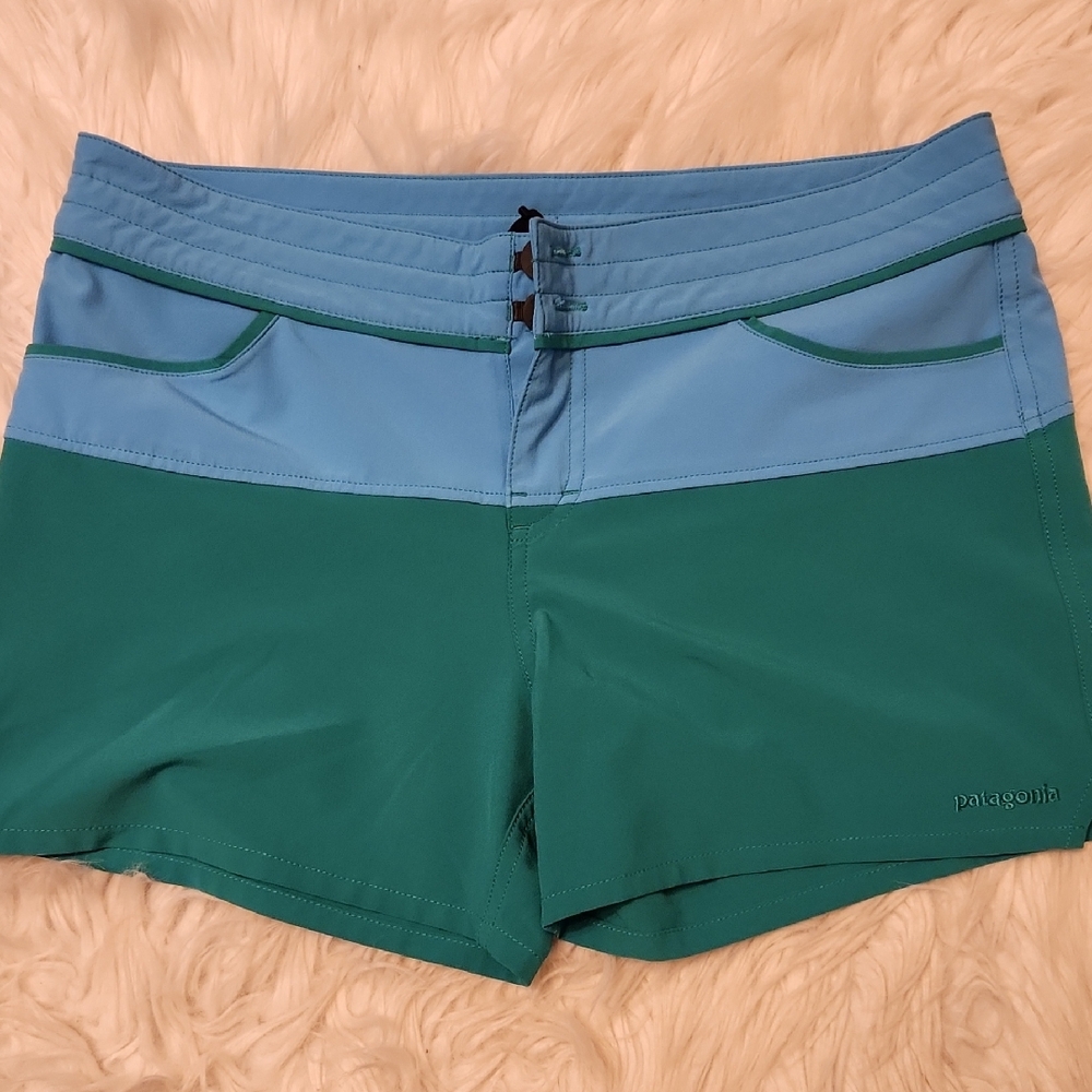Patagonia Athletic Blue and Green Shorts with Color Blocking